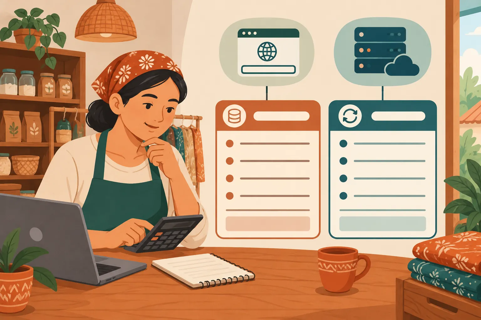 Pemilik usaha menghitung biaya awal dan perpanjangan toko online di buku kas