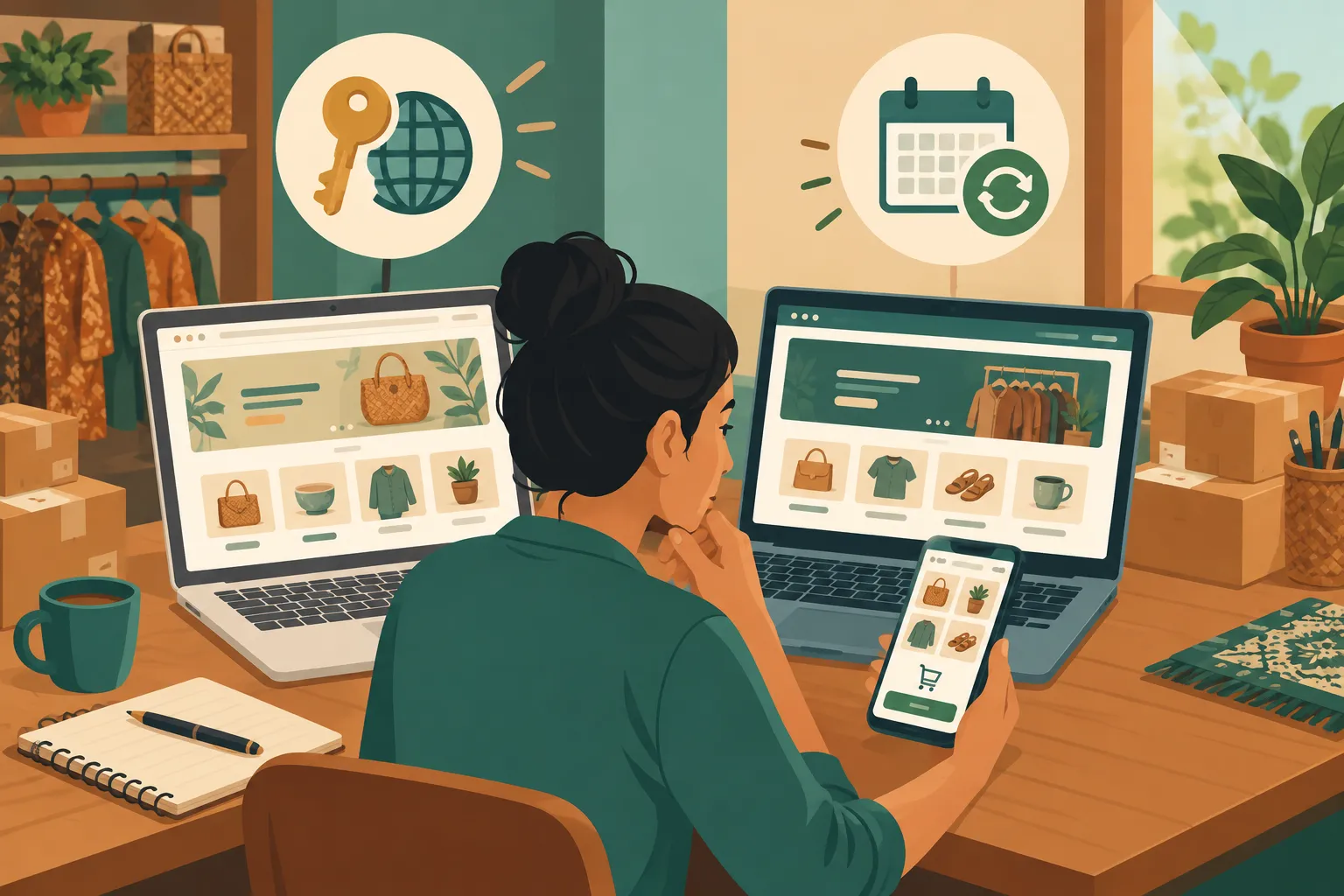 Pedagang membandingkan penawaran pembuatan toko online sambil mencoba katalog dan checkout di ponsel