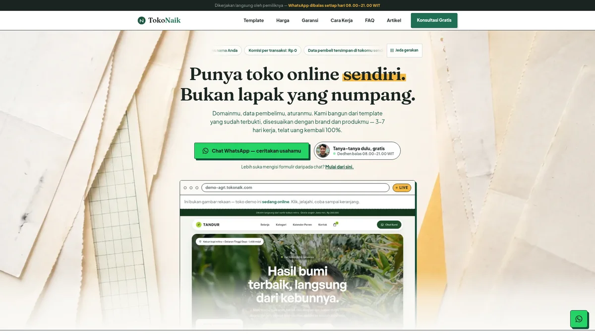 Tampilan beranda TokoNaik dengan pilihan demo template toko online untuk pedagang