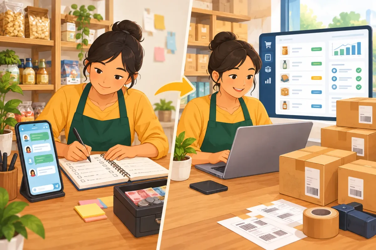 Ilustrasi buku catatan pesanan dan chat dibanding dashboard checkout serta kardus pengiriman