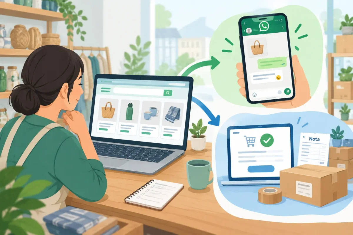 Ilustrasi katalog website yang membagi pesanan antara percakapan di ponsel dan checkout dengan nota